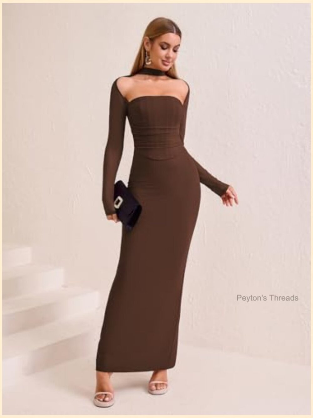 Long Sleeve Bodycon Maxi Dress Halter Neck Ruched Formal Wedding Guest - Picture 5 of 5